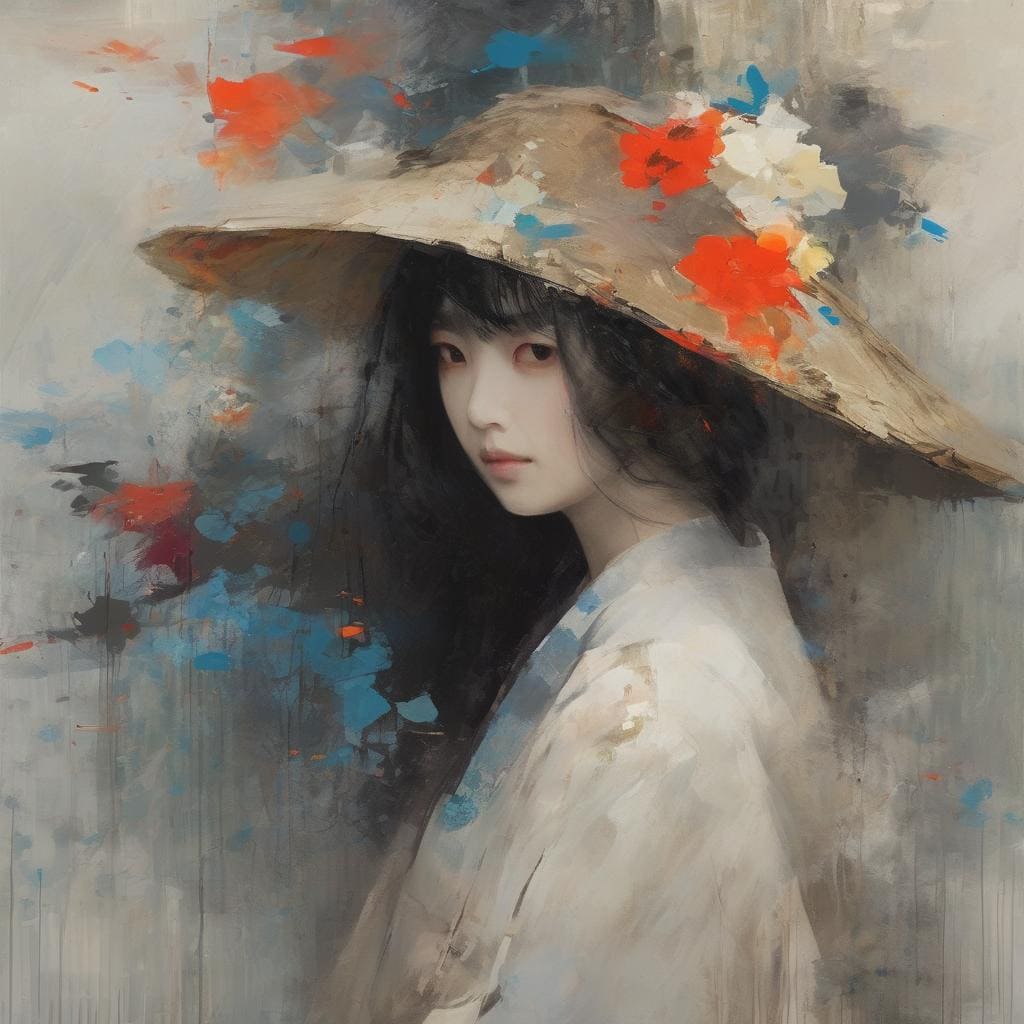 Παραδοσιακό κινέζικο καπέλο και πορτρέτο γυναίκας σε ρεαλιστικό και ζωγραφικό στυλ, ζωγραφική τέχνης, Αρχαία και σύγχρονη τέχνη, Όμορφη γυναικεία μορφή, Ποίηση του χρόνου και της τέχνης.