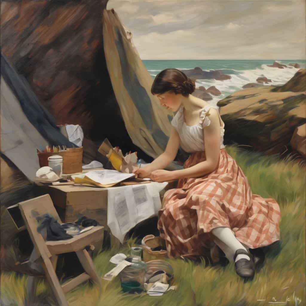 Χρόνος στην τέχνη, νεαρή γυναίκα γράφει σε εξωτερικό περιβάλλον, αφηρημένη αίσθηση χρόνου και δημιουργίας.