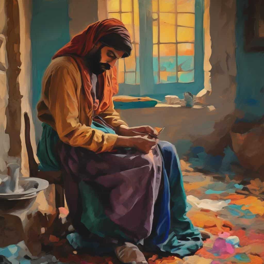 Ρετρό εικόνα με άνδρα που διαβάζει σε εσωτερικό χώρο με παράθυρο, εντυπωσιακή τέχνη και θεματολογία γυναικεία αντίληψη του χρόνου.