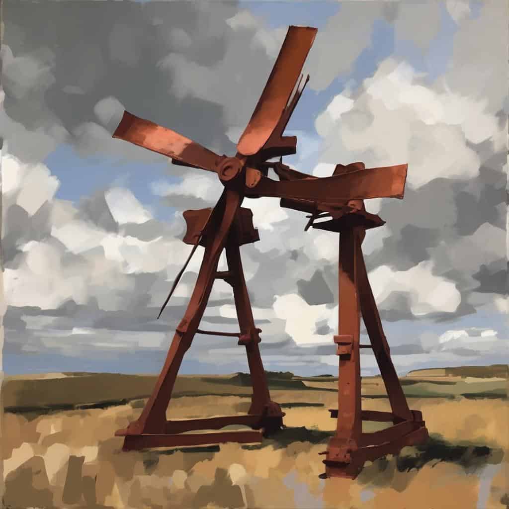 Παλιό ανεμόμυλος σε εθνικό τοπίο με δυναμικό sky και σύννεφα, αποτύπωση της αντίληψης του χρόνου στην τέχνη.